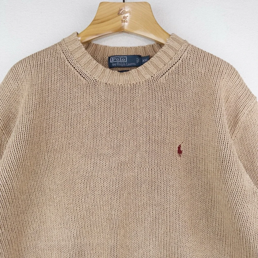 90's Vintage Polo Ralph Lauren Knit Sweater Mens 2XL Camel Brown Cotton Crewneck